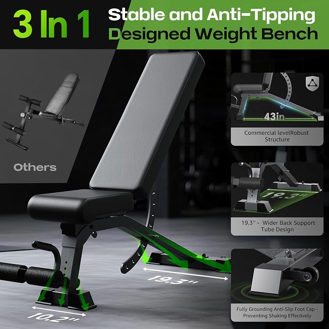 Adjustable Weight Bench for Home Gym, Heavy-Duty Incline Decline Bench with 12 Backrest Positions, 4 Seat Heights and 4 Leg Holder Settings, Commercial-Feel Strength Training Bench