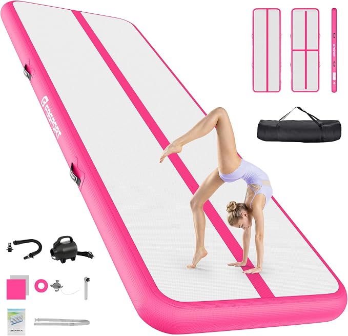 FBSPORT 6.6ft/10ft/13ft/16ft/20ft Inflatable Air Gymnastics Training Mat | 4/6/8 inches Thickness Inflatable Mat, with Electric Pump, Suitable for Home Training/Cheerleading/Yoga/Water