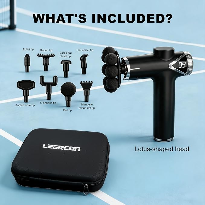 LEERCON Massage Gun Deep Tissue Back Massager for Pain Relief with 9 Heads | Electric Muscle Massage Gun with 9 Heads and 6 Speeds Percussion Massager for Athletes Gifts for Women Men Father's Day Black