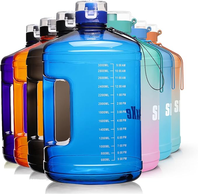 SLUXKE Gallon Big Water Bottle with Handle, 128oz Leakproof BPA Free Fitness Sports Water Bottle with Motivational Time Marker & Wide Mouth Ensure You Drink More Water