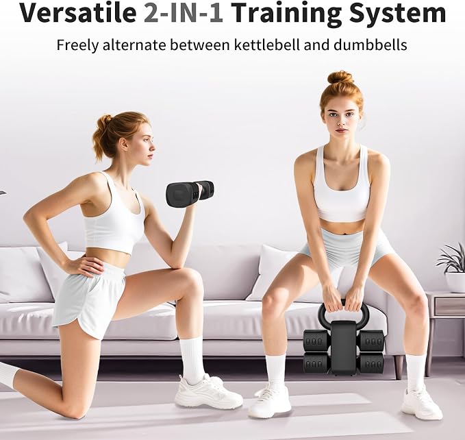 Hezeyferg Adjustable Dumbbell Set, 2-in-1 Hand Weights with Kettlebell Form | 4-Level 2.2-5.5lb Each, Dual-Button Locking, for Women Men Beginners Home Gym, Portable & Space-Efficient, Full Body Workout