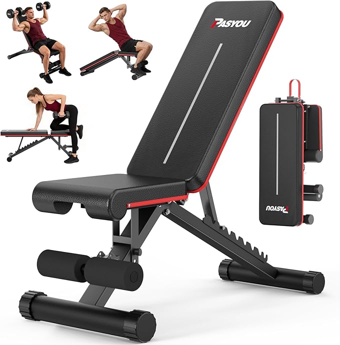 PASYOU Adjustable Weight Bench, 660LB Capacity Foldable Workout Bench, Incline Flat Bench Press for Home Gym, Dual-Frame Strength Training Bench, No Assembly Required, Wider Seat