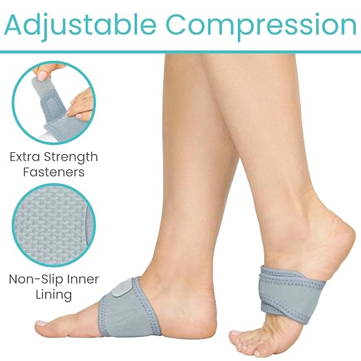 Vive Foot Arch Support Brace (Pair) - Wrap Corrector for Flat Feet, Plantar | Fasciitis, Pain Relief, Fallen Arches - Compression Sleeve Strap, Gel Bands Inserts for Women & Men, Wear Under Socks (Gray)