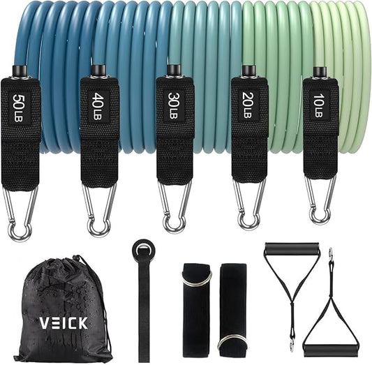 VEICK 10-150LBS Resistance Bands with Handles, Ankle Straps, Door Anchor | Accredited Lab Certified, 100% Natural Latex, Versatile for Yoga, Pilates, Strength, Home Gym