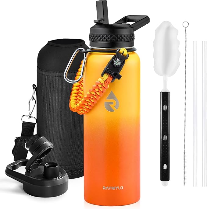 RAYMYLO Insulated Water Bottle 40 oz, Triple Wall Vacuum Stainless Steel | (Cold for 36Hrs, Hot for 18Hrs), Leak Proof & Non-BPA, Modern Water Flask Jug with Paracord Handle & Straw Spout Lids