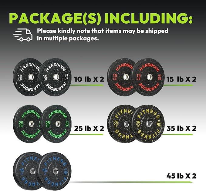 HANDBODE 2-Inch High-Bounce Bumper Plates, Olympic Weight Set, 10-650 lb | Barbell Weight Plates Set for Home Gym, Colored Weights Rubber Strength Training Plate for Weight Lifting