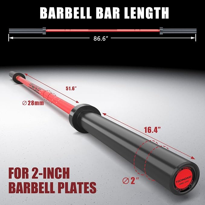 TECHNOAGE 7FT Heat-Treated Alloy Steel Olympic Barbell, 1500LB | 45LB bar with 28mm knurled grip, needle bearings, hard chrome finish, and 2-inch plate fit