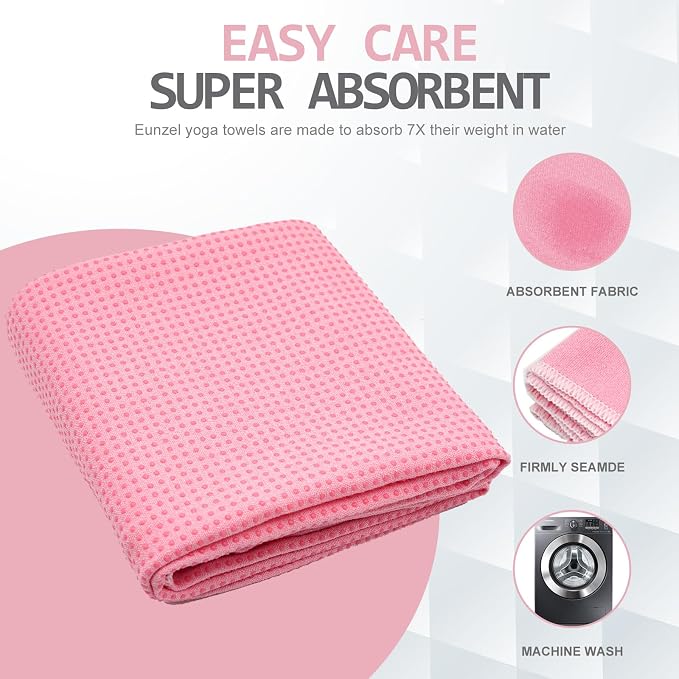 Eunzel Hot Yoga Towel - Microfiber Non Slip Yoga Mat Towel with Grip Dot Sweat Absorbent Towel for Hot Yoga, Pilates and Fitness 72" x 24", Pink/White