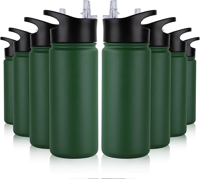 16 oz Insulated Water Bottle Bulk 8 Pack, Straw & Spout Lid, Keep Cold 24H, Spill Proof, BPA-Free, Double Wall, Stainless Steel Kids Water Bottles for School, Sports, Dark Green