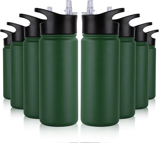 16 oz Insulated Water Bottle Bulk 8 Pack, Straw & Spout Lid, Keep Cold 24H, Spill Proof, BPA-Free, Double Wall, Stainless Steel Kids Water Bottles for School, Sports, Dark Green