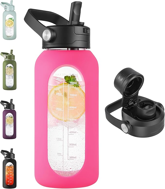 CIVAGO 32 oz Glass Water Bottle with Detachable Straw and Time Maker | Motivational Large Flask Cup with Handle, Leakproof Lids, Wide Mouth, Silicone Sleeve, Tumbler for Juice, Camelia
