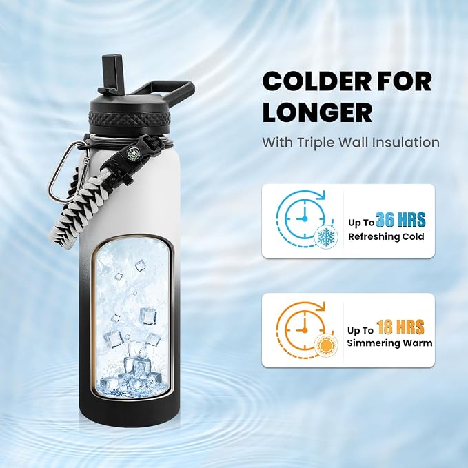RAYMYLO Insulated Water Bottle 40 oz, Triple Wall Vacuum Stainless Steel | (Cold for 36Hrs, Hot for 18Hrs), Leak Proof & Non-BPA, Modern Water Flask Jug with Paracord Handle & Straw Spout Lids
