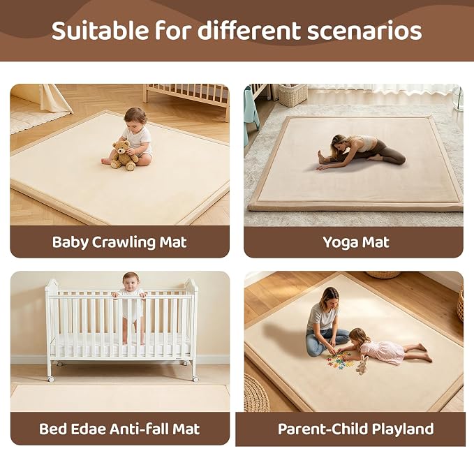 Baby Play Mat for Floor, 110'' x 79'' Thicken Foam Soft Padded Playmat for Tummy Time, Playpen Mat for Toddlers Infant Kids, Water-Repellent Coral Velvet, Non-Slip Bottom Safe for Crawling (Brown)