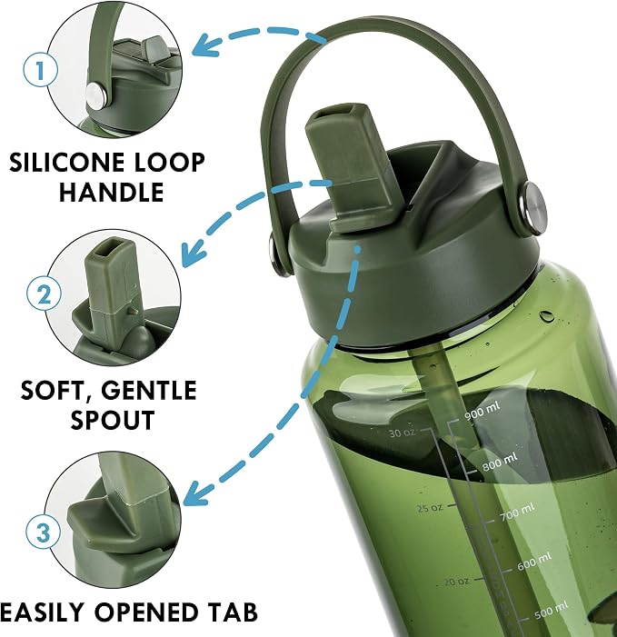 OLDLEY 32oz Water Bottle with Straw,Leakproof Tritan Clear Bottle with Marked Bottle and Carry Handle, BPA-Free Wide Mouth Reusable Sports Bottle for Gym,Hiking,Camping,Travel,Workout,Army Green