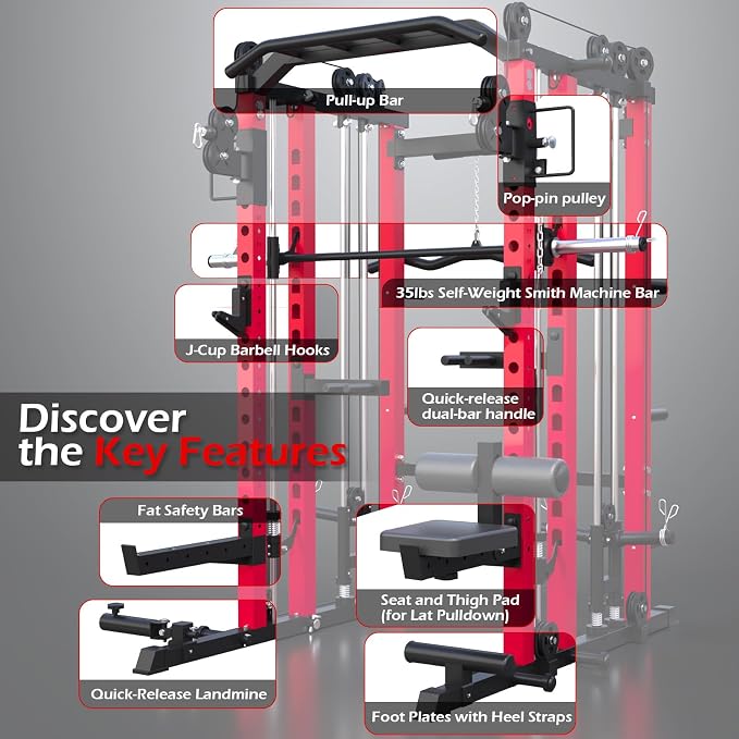 Power Rack and Smith Machine, Multi-Functional Power Cage with LAT Pulldown | All-in-One Squat Rack with Cable Pulley System, 2000LBS Weight Rack with Training Attachments for Home Gym