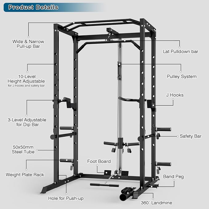 ULTRA FUEGO Power Cage, Multi-Functional Power Rack with J-Hooks, Dip Handles, Landmine Attachment and Optional Cable Pulley System for Home Gym