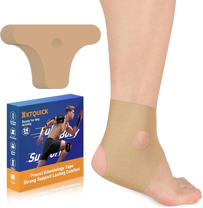 KTQUICK Precut Kinesiology Tape for Ankle,24 Ct,20% Stronger Adhesive,Beige | Precut Ankle Support Tape with Premium Cotton, Breathable, Waterproof Athletic Tape for Running, Training & Hiking