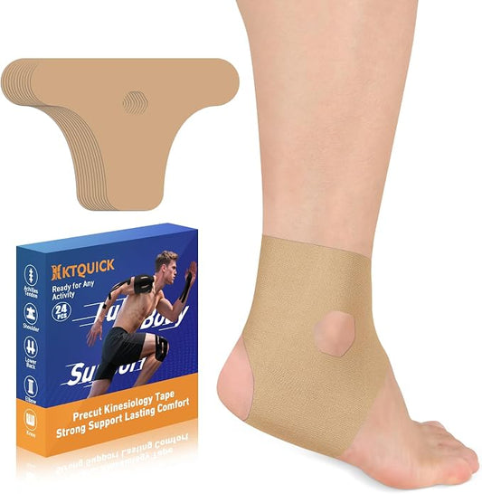 KTQUICK Precut Kinesiology Tape for Ankle,24 Ct,20% Stronger Adhesive,Beige | Precut Ankle Support Tape with Premium Cotton, Breathable, Waterproof Athletic Tape for Running, Training & Hiking