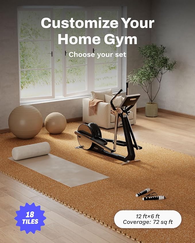 AIRHOP 0.79'' Extra-Thick 72 Sq Ft Rubber Top Gym Flooring for Home Gym | 18 Tiles, High Density EVA Foam, Waterproof & Non-Slip Rubber, Interlocking Puzzle Mats, Heavy Duty Floor Protection, 24"x24"