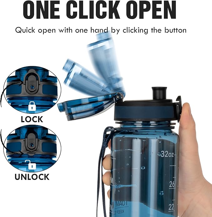 OLDLEY Water Bottle, 32oz Motivational Sports Water Bottle with Time Marker - Times to Drink - Tritan, BPA Free, Wide Mouth Leakproof,Midnight Blue