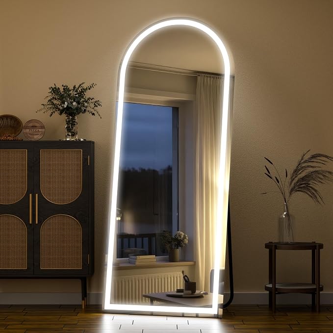 LED Arched Full Length Mirror with Lights 65"x24" | Lighted Floor Mirror with Dimming & 3 Color Lighting, Aluminum Frame Standing Leaning or Hanging for Cloakroom White