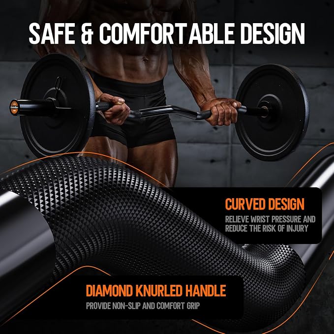 Olympic EZ Curl Barbell Bar, 47" EZ Curl Bar for Weight Lifting, Biceps, triceps, Back/Leg Muscle Group exercise,Chrome Curling Bar for 2 Inch Weight Plates,with 2 Spring Collars