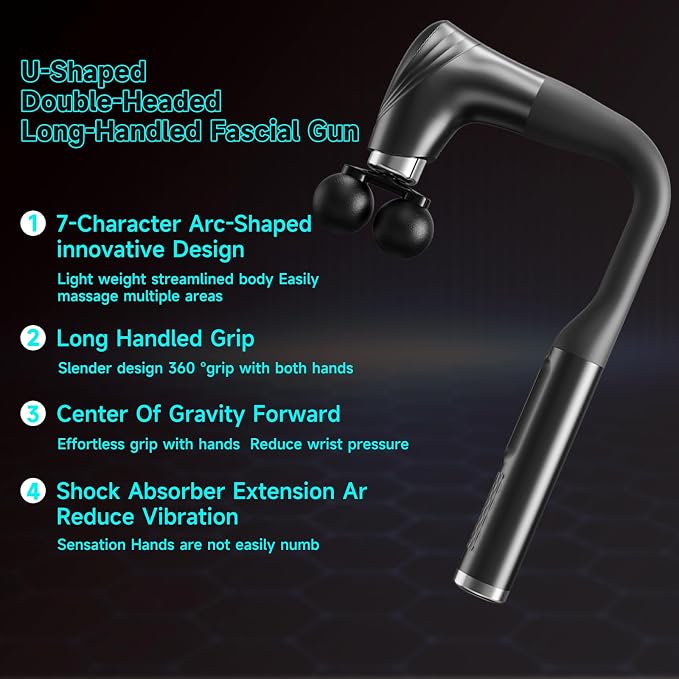 Double-Head Elbow Massage Gun, Detachable Extended Handle, 12 Levels Adjustable, 5 Heads are Replaceable