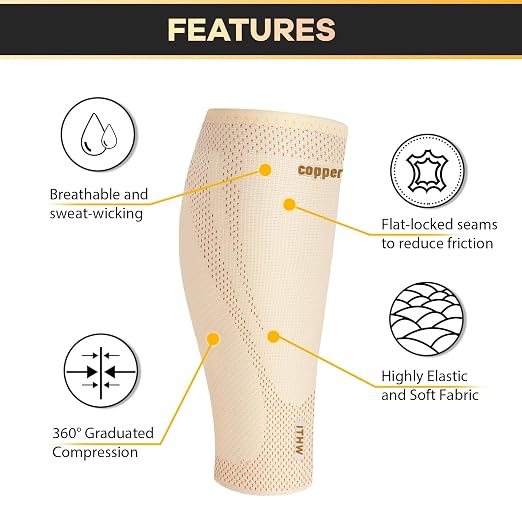 Copper Calf Compression Sleeves for Men Women, Shin Splint Relief, Grip | High Stretch Graduated Compression with Anti-Slip Grip | Breathable & Smooth Lining Footless Design for Runner Nude