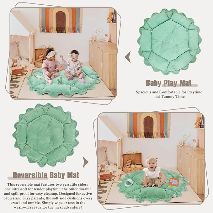 5-in-1 Plush Baby Play Gym, Activity Mat with Convertible Gym, Baby Gym 6 Sensory Toys, Play Center for Newborn to Toddler, Light Green