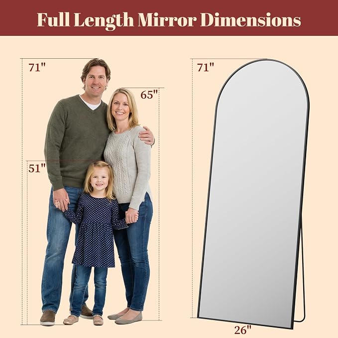 Suidia 71"x28" Arched Full Length Mirror with Stand, Full Body Mirror with Aluminum Frame, Freestanding/Leaning/Wall-Mounted, Floor Mirrors for Bedroom, Living Room, Entryway, Dressing Room, Black