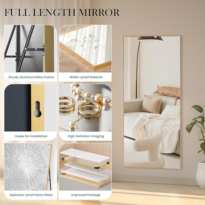 DUMOS 71"x26" Full Length Mirror, Full Body Mirror, Gold | Aluminum Alloy Thin Frame, Leaning or Hanging, Suitable for Bedroom, Livingroom, Cloakroom