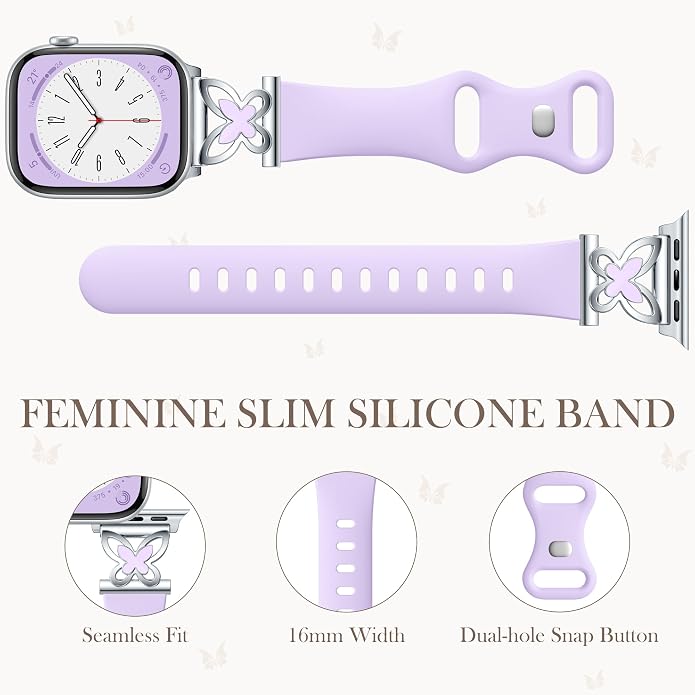 Lerobo Slim Silicone Band Compatible with Apple Watch Bands for Women | Dressy Metal Butterfly 16mm Thin Strap for iWatch Series 11 10 9 8 7 6 5 4 SE Ultra 38mm 40mm 41mm 42mm 44mm 45mm 46mm 49mm