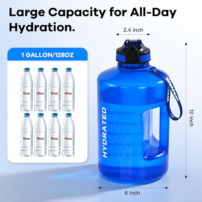 WEMEET 1 Gallon Water Bottle with Handle, 128oz LeakProof Reusable Gym Water Bottle with Capacity Scale, BPA Free, Ideal for Gym and Outdoor Life (Blue)