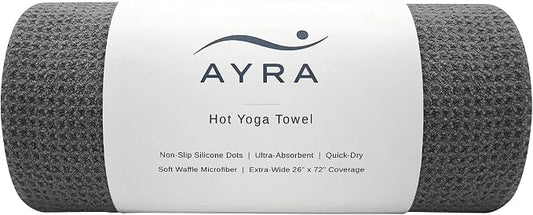 Ayra Hot Yoga Towel Non Slip - Yoga Mat Towel with Grip and Hot Pilates Towel | Microfiber, Ultra Soft and Highly Absorbent 72x26 | Dark Gray