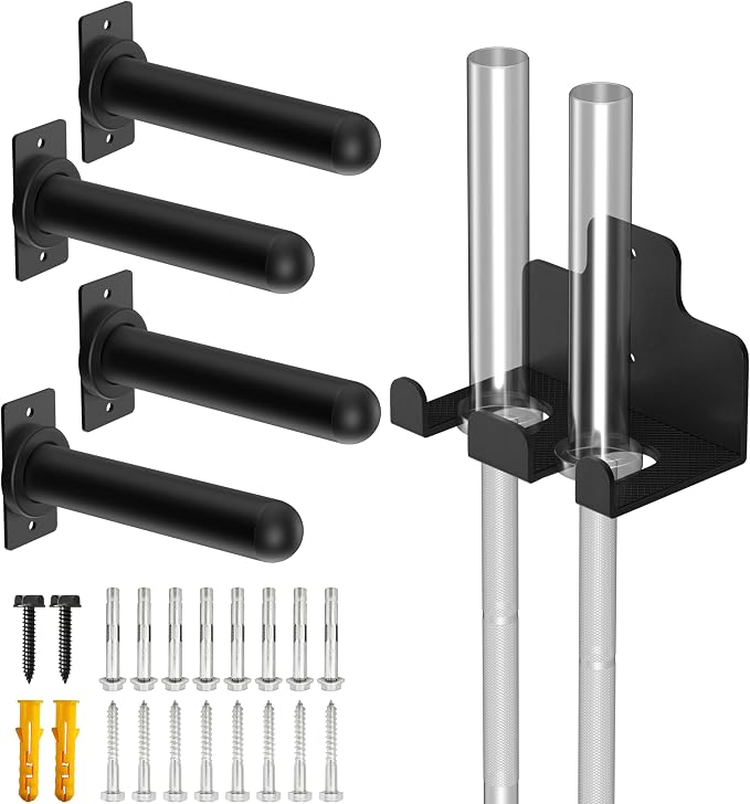 Wall Mounted Weight Plate Holder, 4 Pack, with 1 Pack Barbell Hanger | Fits 2" Weight Plates, Heavy-Duty Steel, Smooth End, Protective Rubber Pad, Space Saving for Home Gym Garage Organizer