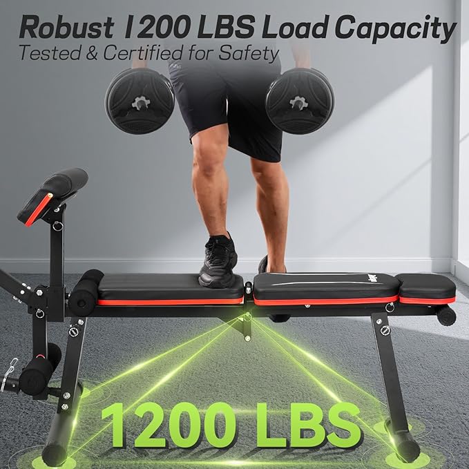 Adjustable Weight Bench with Leg Extension and Leg Curl, 1200 lbs | Foldable Workout Bench, Flat Incline Decline Design, 9 Back Positions, Preacher Pad, Full-Body Strength Training for Home Gym
