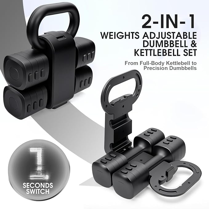 Adjustable 2-in-1 Convertible Kettlebell & Dumbbells Set, 4 in 1 Free Weights Dumbbell Set of 2, Each 2.2 3.3 4.4 5.5lb Quick Change Women Dumbbell Set for Home Exercise Training
