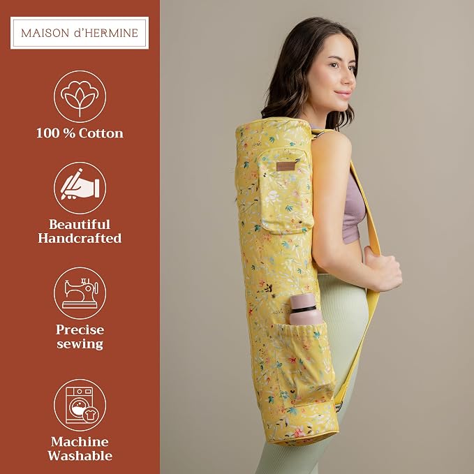 Maison d' Hermine Yoga Mat Duffle Bag Gym Tote Yoga Mat Carry Bag | Cylindrical bag for Woman Men Gifts Adjustable shoulder straps with Drawstring Water Bottle Pocket and zipper pocket