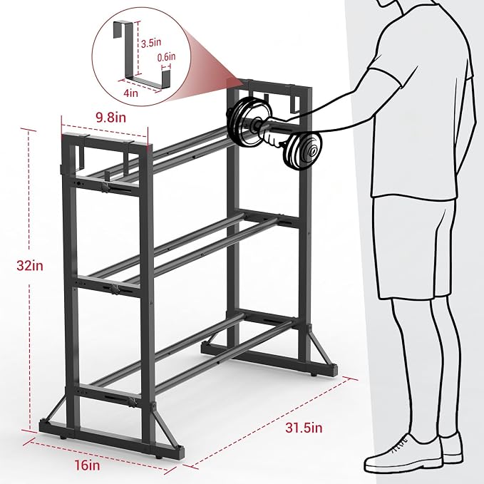 3 Tier Adjustable Dumbbell Rack Stand, Heavy Duty Carbon Steel Weight Storage Organizer for Home Gym, Easy Assembly, 450 lb Capacity for Dumbbells & Kettlebells (Dumbbell Rack Stand Only)