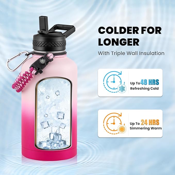 RAYMYLO Insulated Water Bottle 64 oz, Triple Wall Vacuum Stainless Steel | (Cold for 48 Hrs), Leak Proof & Non-BPA, Half Gallon Water Flask Jug with Paracord Handle & Straw Spout Lids, Ombre Pink