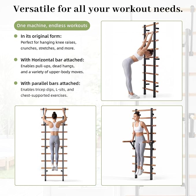 DHT Wood Stall Bar, Swedish Ladder Suspension Trainer with 9 Strategic Rods, for Home, Gym, School and Clinics, Black