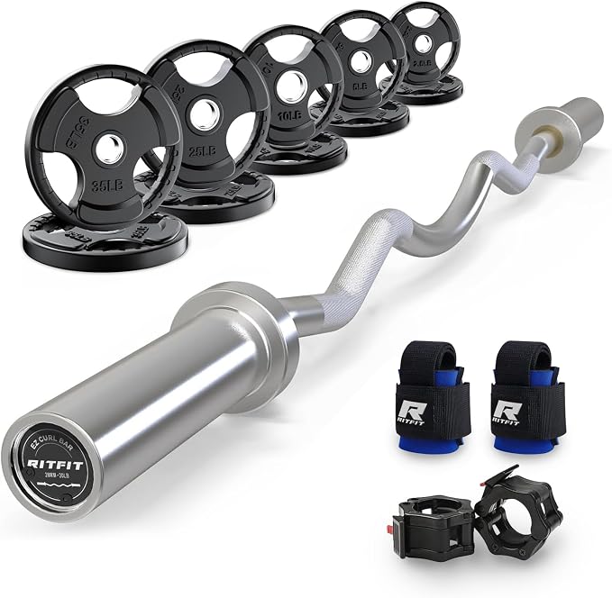RitFit 2 Inch EZ Curl Bar Olympic Barbell with Weight Plates & Collar | 4FT EZ Curl Bar with 35LB Weight Plates, Collars for Bicep, Tricep Workout, Weightlifting, 350LBS Weight Capacity
