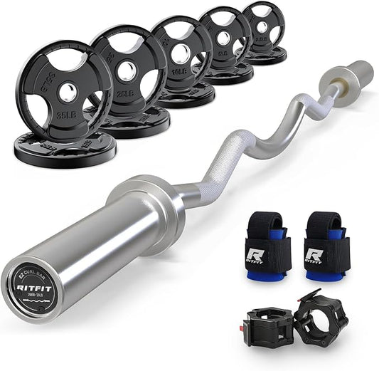 RitFit 2 Inch EZ Curl Bar Olympic Barbell with Weight Plates & Collar | 4FT EZ Curl Bar with 35LB Weight Plates, Collars for Bicep, Tricep Workout, Weightlifting, 350LBS Weight Capacity