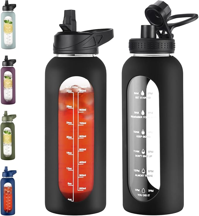 EALGRO 40 oz Glass Water Bottle with Straw, Large Sports Water Jug | Motivational Water Bottle with Time Marker and Silicone Sleeve, Flask Cup with Handle for Travel, Gym, Hiking, School, Black