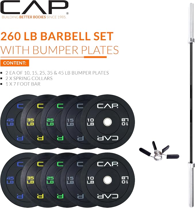CAP Barbell Olympic Weight Set with 7ft Barbell & Bumper Plates | 160-370 lbs | Multiple Options