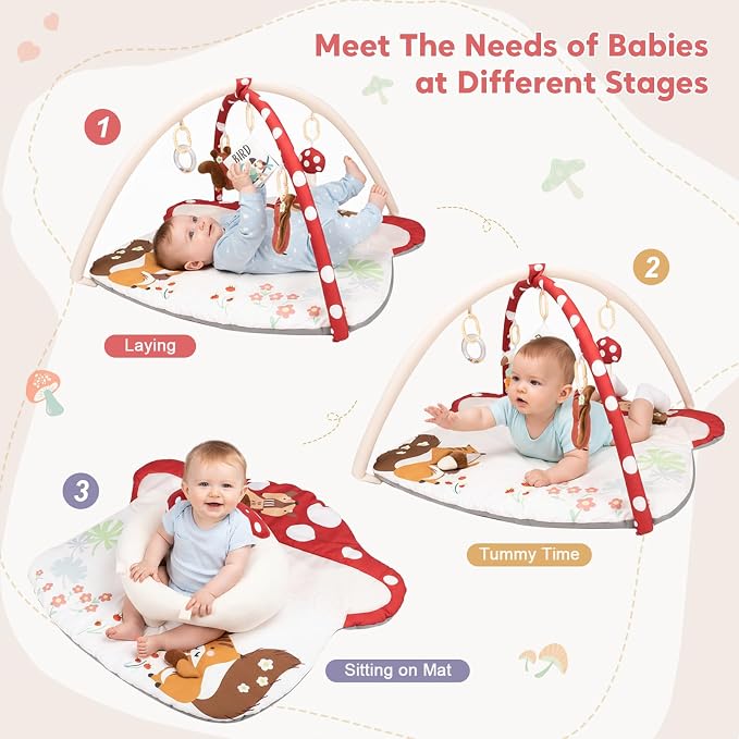 3-in-1 Baby Play Mat & Baby Seats for Infants for Sitting Up, Tummy Time Gym Activity Mat with 5 Detachable Toys, for Babies 0-6-12-18 Months, Newborn Babies Shower Gifts(Red)