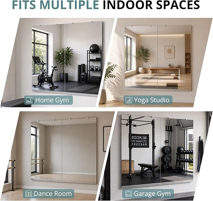 Rovibek 2 Pack Home Gym Mirror, 24x48In Large Workout Mirror for Exercise | Frameless Tempered Glass, Wall-Mounted Gym Mirrors for Home Gym, Garage Gyms, Yoga Rooms and Dance Studios