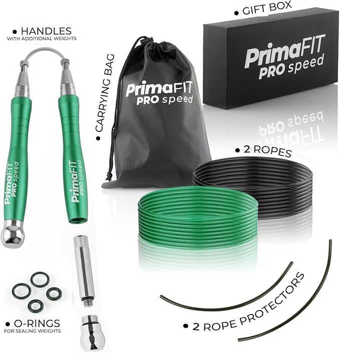 PrimaFIT Pro Speed Jump Rope for Adults, Weighted Skipping Rope for Boxing | Adjustable Jumping Rope for Fitness Workout & CrossFit Exercise, Double Unders, Handle Weights, 3m Cables 2 Protectors, Bag
