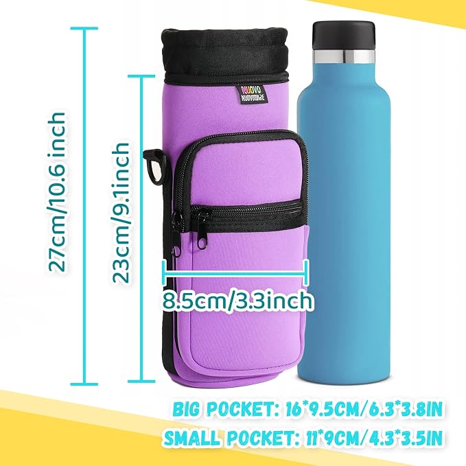 Nuovoware Water Bottle Carrier Bag, 25oz/32oz Bottle Pouch Holder, Adjustable Shoulder Hand Strap 2 Pocket Sling Neoprene Sleeve Sports Water Bottle Bag for Men Women Hiking Travel, Taro Purple | Adjustable Shoulder Hand Strap, 2 Pocket, Neoprene Sleev...