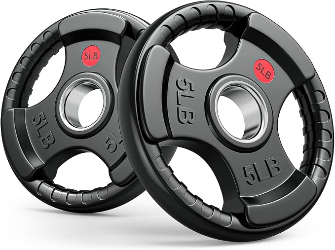Gikpal Olympic Weight Plates, 2-Inch Three-Grip Rubber Coated Barbell Plates with Steel Hub, Cast Iron Weights for Strength Training & Home Gym, Pair or Sets (2.5–45LB)
